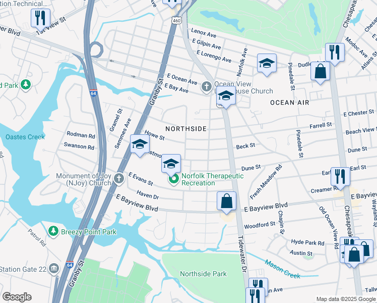 map of restaurants, bars, coffee shops, grocery stores, and more near 8824 Stratford Street in Norfolk