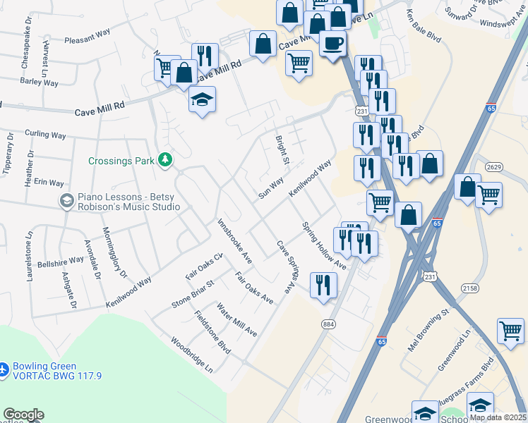 map of restaurants, bars, coffee shops, grocery stores, and more near 1329 Kenilwood Way in Bowling Green