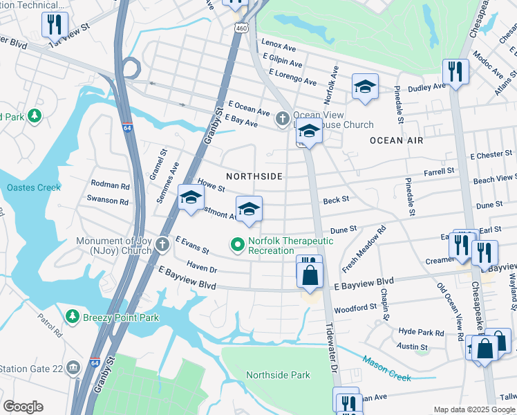 map of restaurants, bars, coffee shops, grocery stores, and more near 8824 Stratford Street in Norfolk