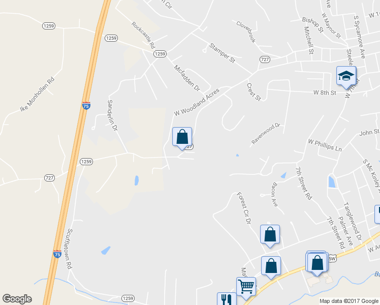 map of restaurants, bars, coffee shops, grocery stores, and more near Woods Street in Corbin