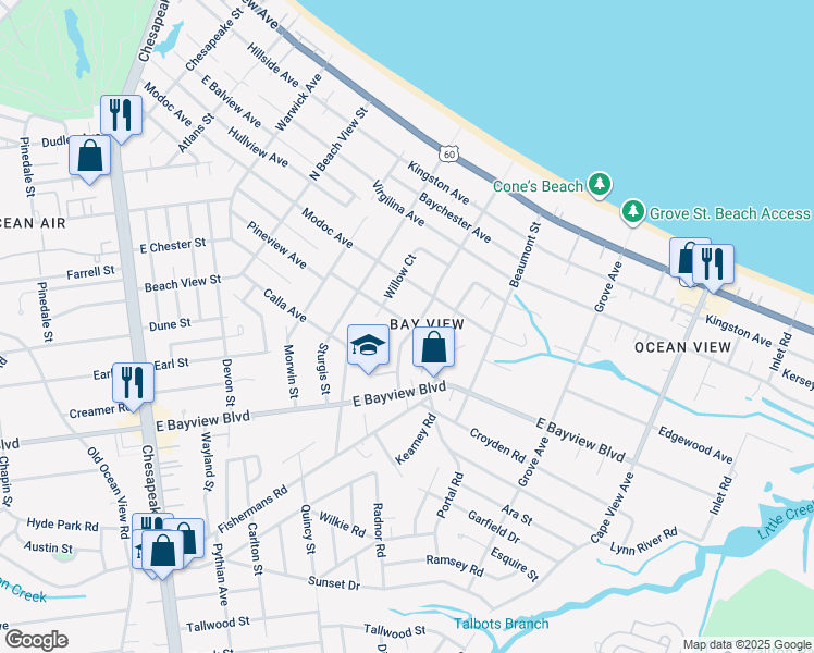 map of restaurants, bars, coffee shops, grocery stores, and more near 9315 Willow Terrace in Norfolk