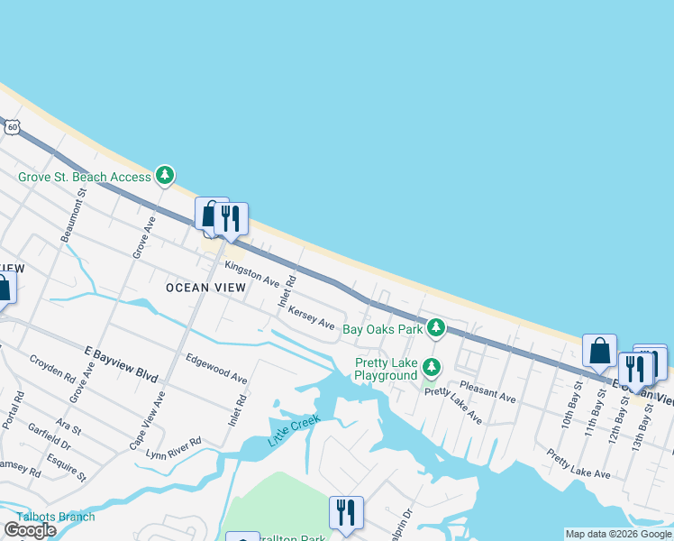 map of restaurants, bars, coffee shops, grocery stores, and more near 2040 East Ocean View Avenue in Norfolk