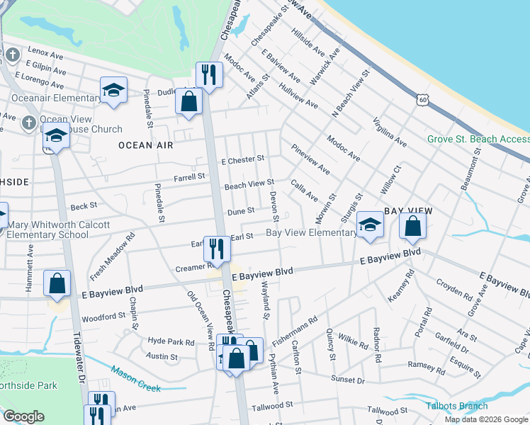 map of restaurants, bars, coffee shops, grocery stores, and more near 1070 Dune Street in Norfolk