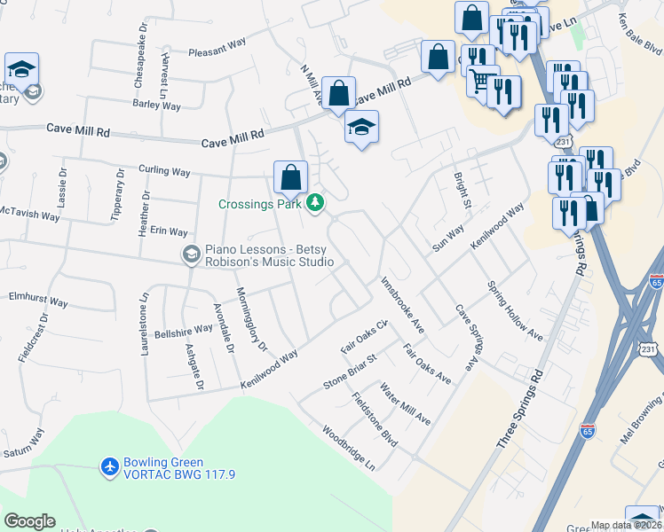 map of restaurants, bars, coffee shops, grocery stores, and more near 626 Aberdeene Court in Bowling Green