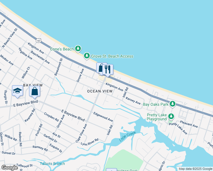 map of restaurants, bars, coffee shops, grocery stores, and more near 1909 Kingston Avenue in Norfolk