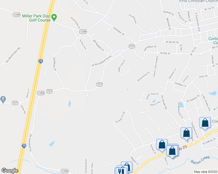 map of restaurants, bars, coffee shops, grocery stores, and more near 80 Woods Point in Corbin