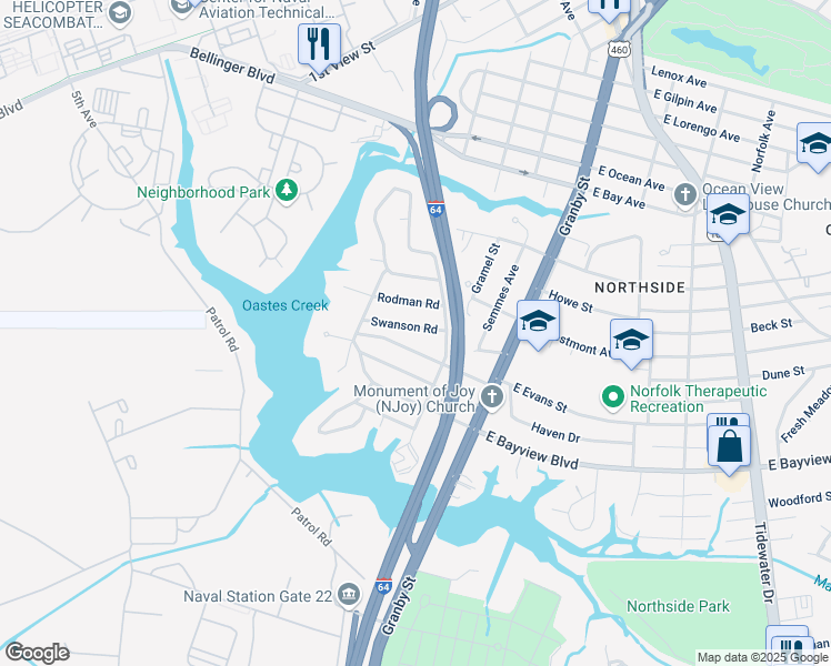 map of restaurants, bars, coffee shops, grocery stores, and more near 157 Swanson Road in Norfolk