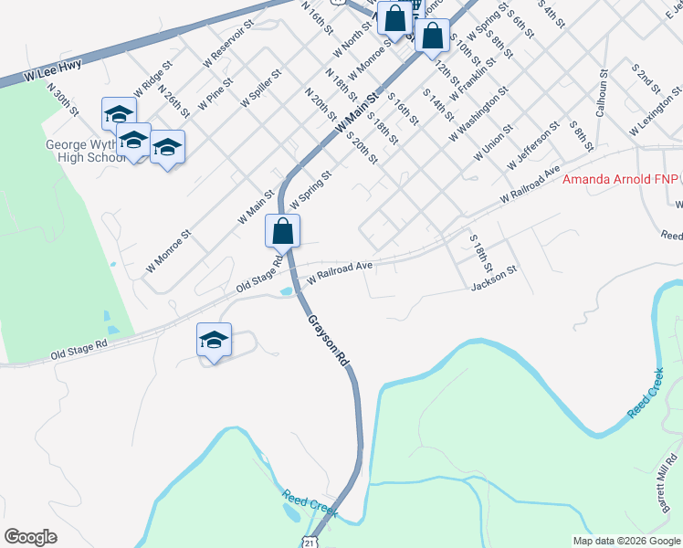 map of restaurants, bars, coffee shops, grocery stores, and more near 1301-1599 West Railroad Avenue in Wytheville