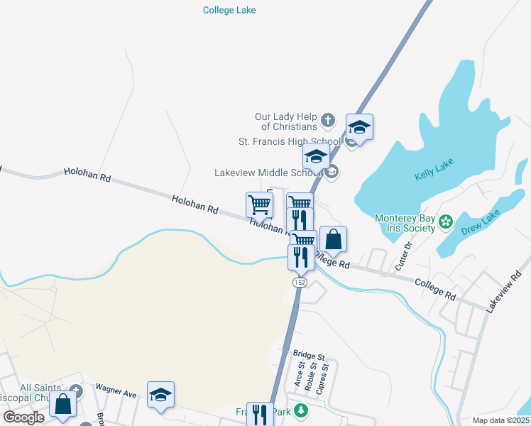 map of restaurants, bars, coffee shops, grocery stores, and more near 88 Laken Drive in Watsonville