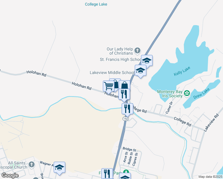 map of restaurants, bars, coffee shops, grocery stores, and more near 88 Laken Drive in Watsonville