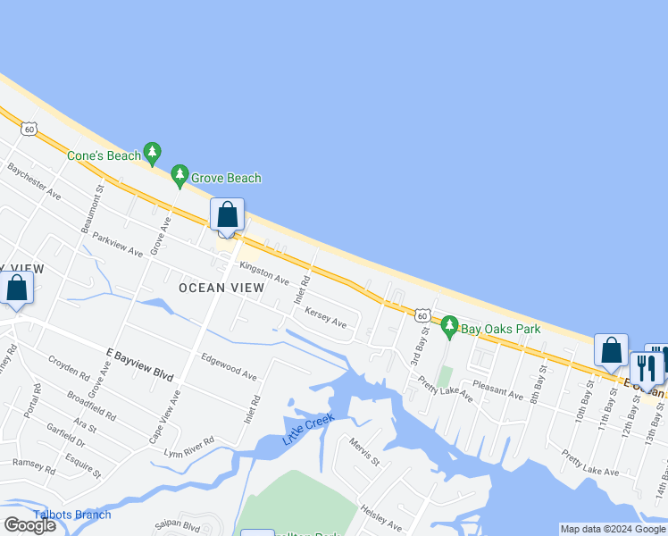 map of restaurants, bars, coffee shops, grocery stores, and more near 2008 East Ocean View Avenue in Norfolk