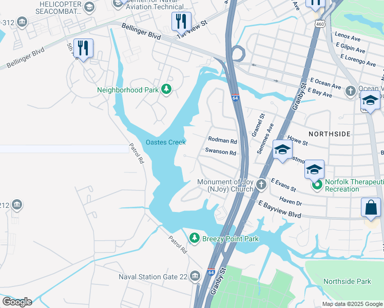 map of restaurants, bars, coffee shops, grocery stores, and more near 206 West Bayview Boulevard in Norfolk