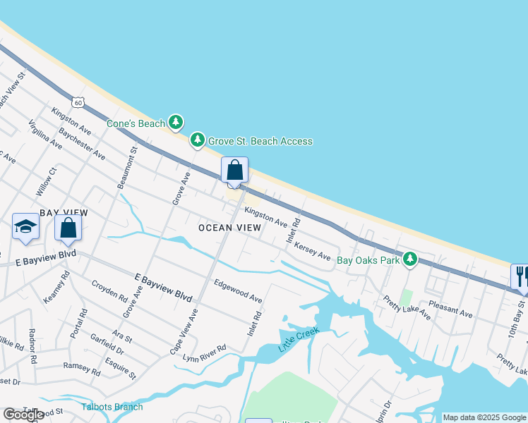 map of restaurants, bars, coffee shops, grocery stores, and more near 1937 East Ocean View Avenue in Norfolk