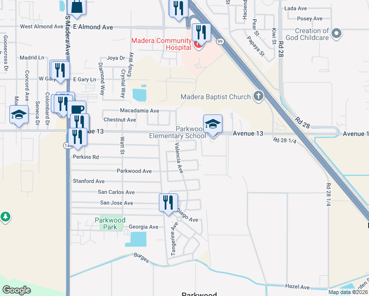 map of restaurants, bars, coffee shops, grocery stores, and more near 1027 Naval Avenue in Madera