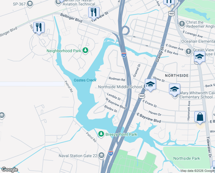 map of restaurants, bars, coffee shops, grocery stores, and more near 8725 Commodore Drive in Norfolk