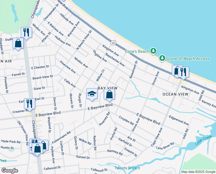 map of restaurants, bars, coffee shops, grocery stores, and more near 9408 Willow Terrace in Norfolk