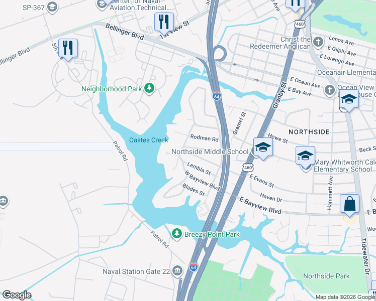 map of restaurants, bars, coffee shops, grocery stores, and more near 8725 Commodore Drive in Norfolk