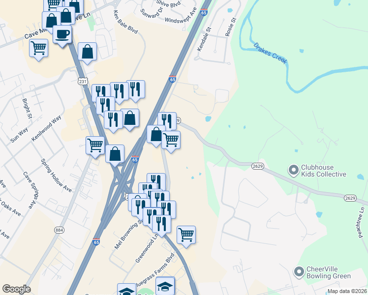 map of restaurants, bars, coffee shops, grocery stores, and more near 300 Old Scottsville Road in Bowling Green