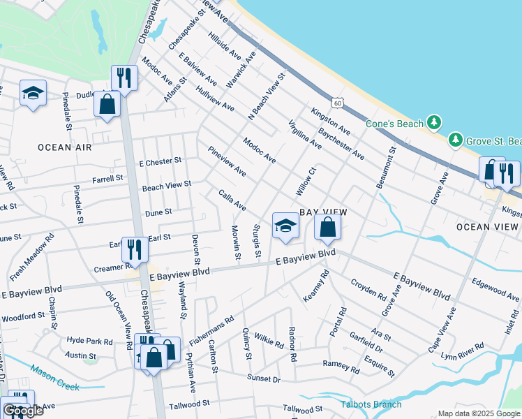 map of restaurants, bars, coffee shops, grocery stores, and more near 9321 Sturgis Street in Norfolk