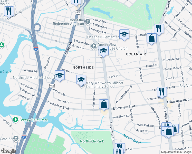 map of restaurants, bars, coffee shops, grocery stores, and more near 8820 Hammett Avenue in Norfolk