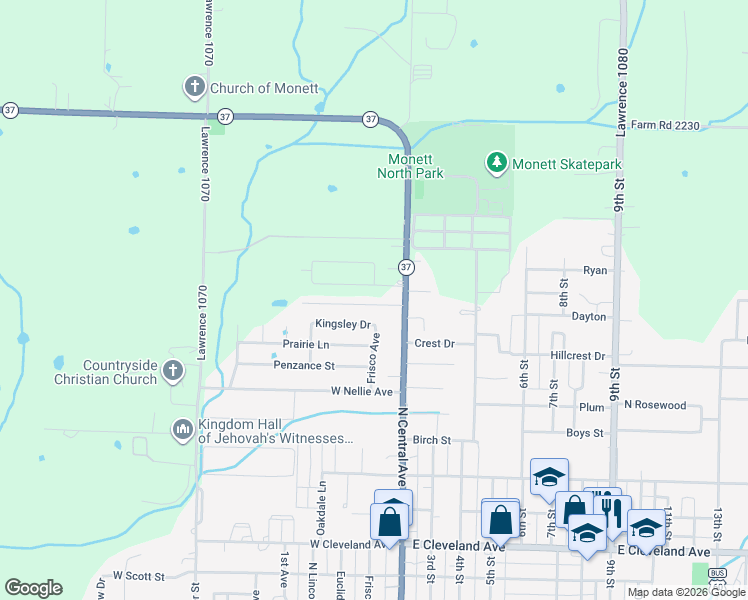 map of restaurants, bars, coffee shops, grocery stores, and more near 106 Douglas Street in Monett
