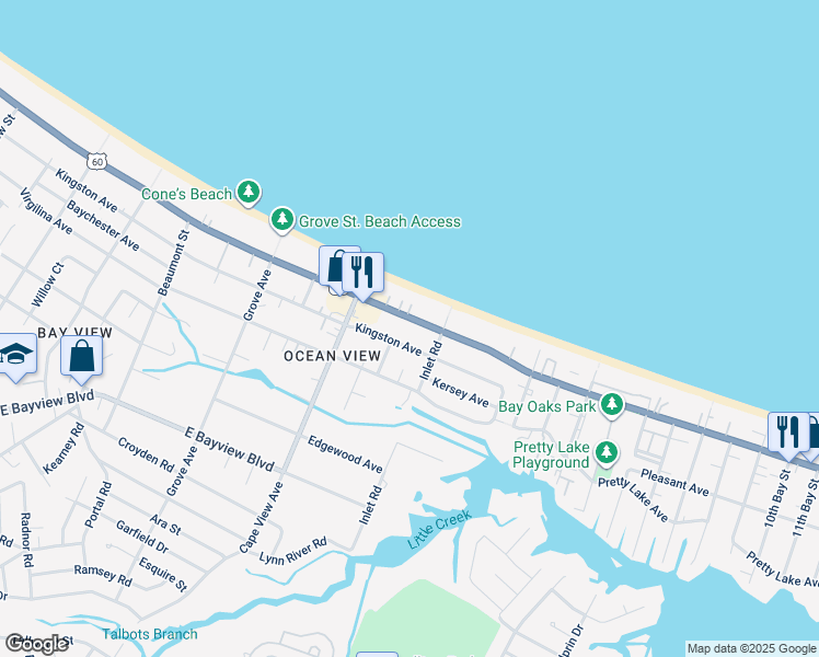 map of restaurants, bars, coffee shops, grocery stores, and more near 1951 East Ocean View Avenue in Norfolk