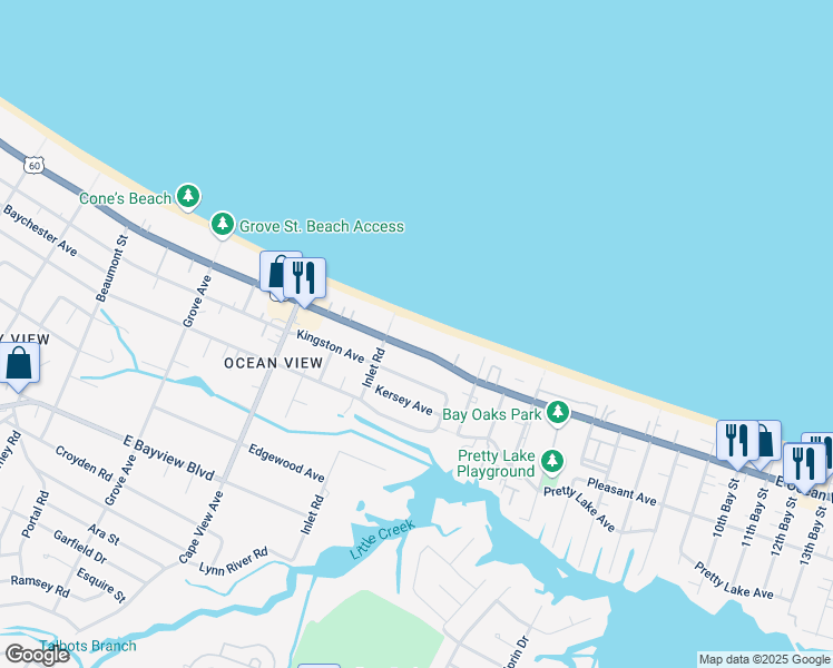 map of restaurants, bars, coffee shops, grocery stores, and more near 2020 East Ocean View Avenue in Norfolk