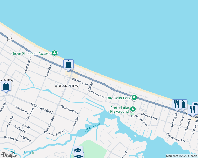 map of restaurants, bars, coffee shops, grocery stores, and more near 2016 East Ocean View Avenue in Norfolk