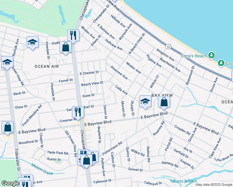 map of restaurants, bars, coffee shops, grocery stores, and more near 1334 Elm View Avenue in Norfolk