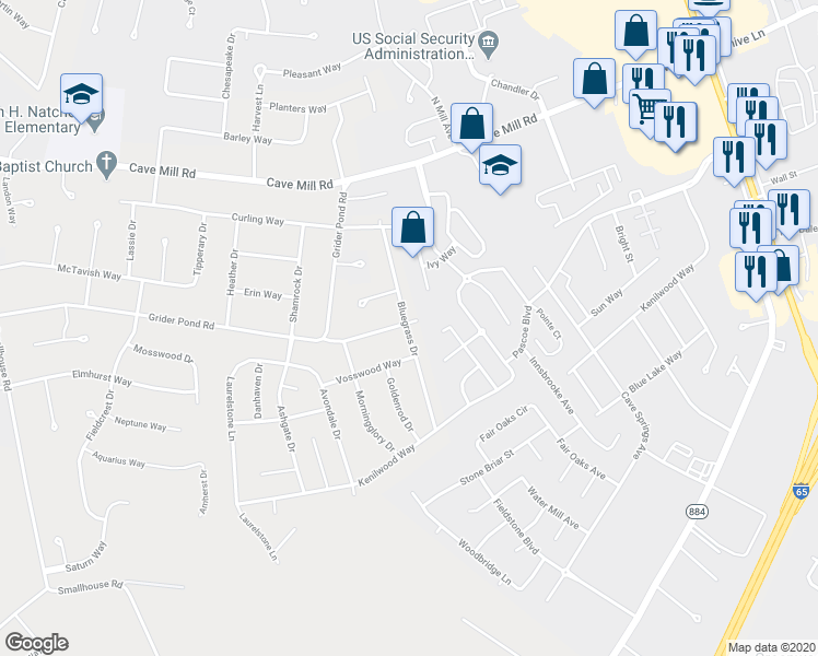map of restaurants, bars, coffee shops, grocery stores, and more near 2504 Bluegrass Drive in Bowling Green