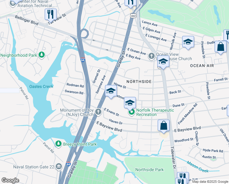 map of restaurants, bars, coffee shops, grocery stores, and more near 112 East Westmont Avenue in Norfolk