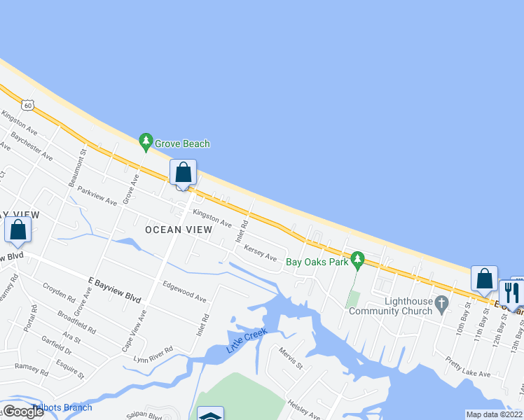 map of restaurants, bars, coffee shops, grocery stores, and more near 2008 East Ocean View Avenue in Norfolk