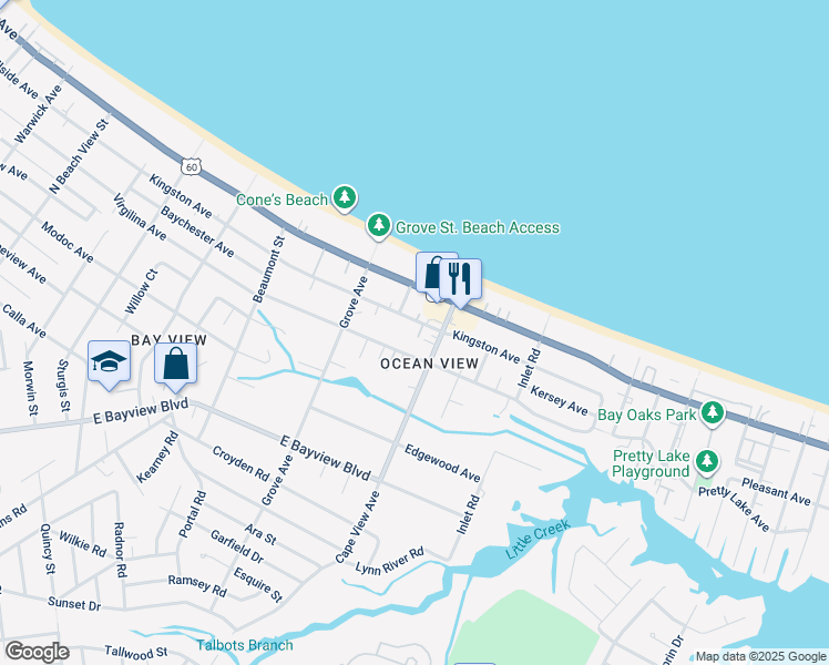 map of restaurants, bars, coffee shops, grocery stores, and more near 1855 Kingston Avenue in Norfolk