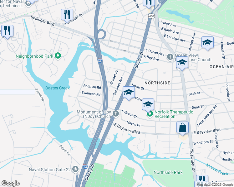 map of restaurants, bars, coffee shops, grocery stores, and more near 8723 Granby Street in Norfolk