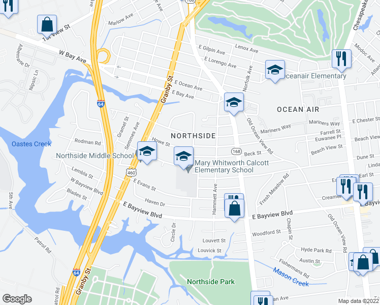 map of restaurants, bars, coffee shops, grocery stores, and more near 141 Howe Street in Norfolk