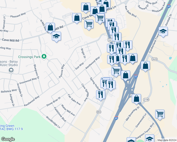 map of restaurants, bars, coffee shops, grocery stores, and more near 3204 Spring Hollow Avenue in Bowling Green