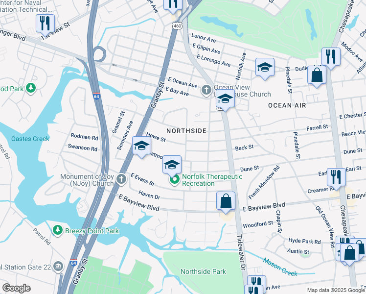 map of restaurants, bars, coffee shops, grocery stores, and more near 141 Howe Street in Norfolk