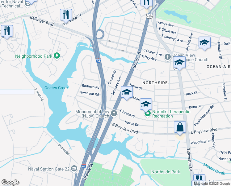 map of restaurants, bars, coffee shops, grocery stores, and more near 8723 Granby Street in Norfolk