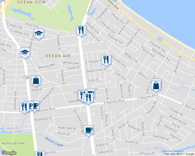 map of restaurants, bars, coffee shops, grocery stores, and more near 1050 Dune Street in Norfolk
