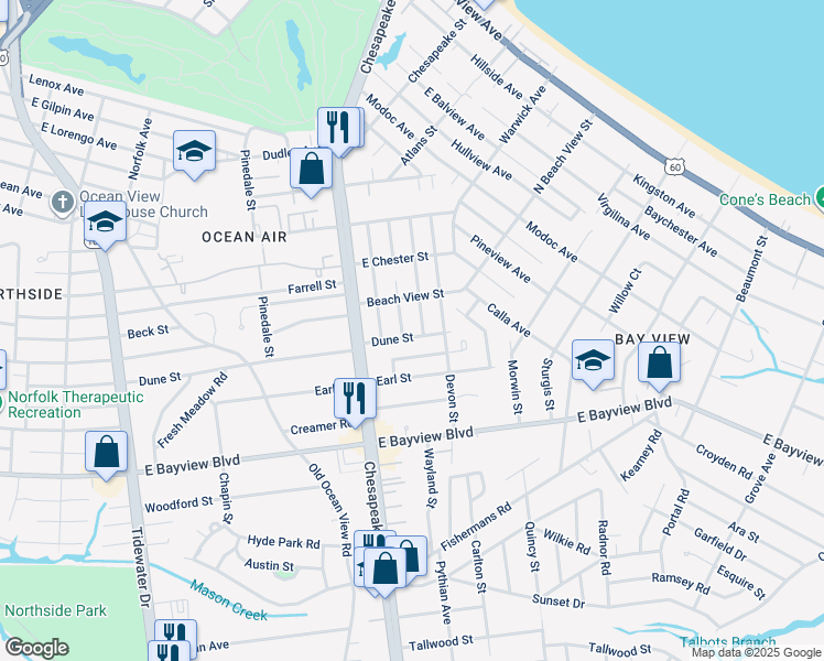 map of restaurants, bars, coffee shops, grocery stores, and more near 1050 Dune Street in Norfolk