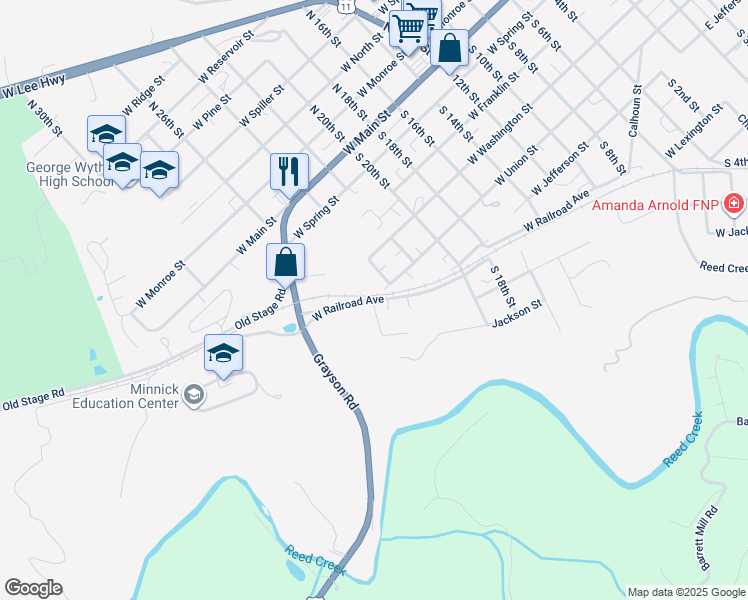 map of restaurants, bars, coffee shops, grocery stores, and more near 178 Cedar Lane in Wytheville