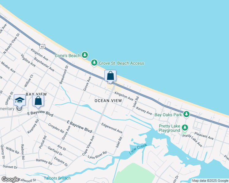 map of restaurants, bars, coffee shops, grocery stores, and more near 1900 Kingston Avenue in Norfolk