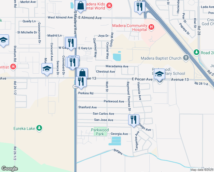 map of restaurants, bars, coffee shops, grocery stores, and more near 12823 Watt Street in Madera
