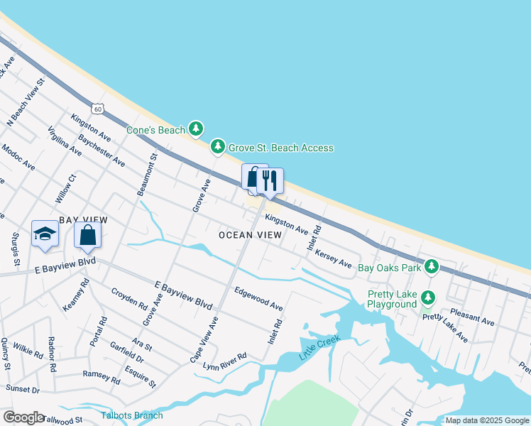 map of restaurants, bars, coffee shops, grocery stores, and more near 1900 Kingston Avenue in Norfolk