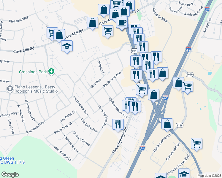 map of restaurants, bars, coffee shops, grocery stores, and more near 3204 Spring Hollow Avenue in Bowling Green