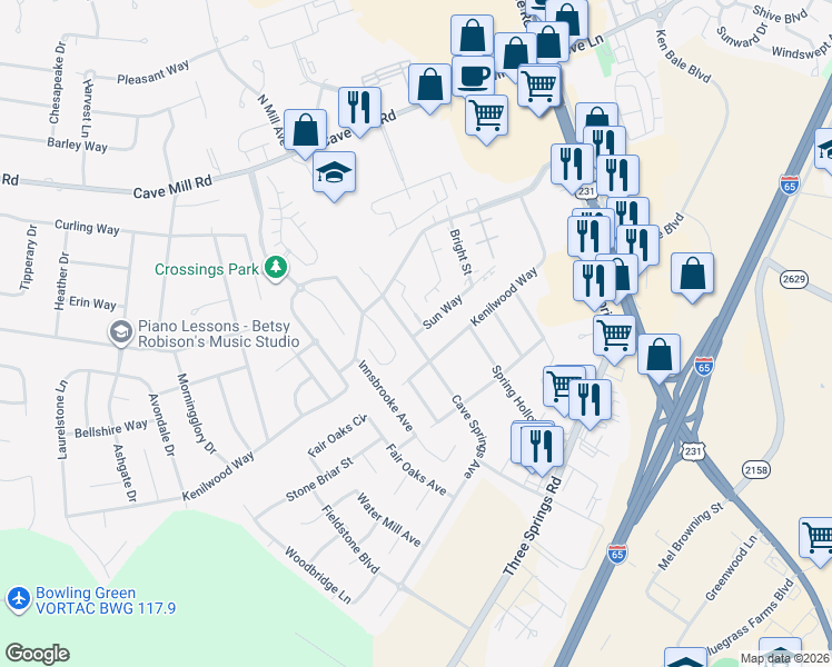map of restaurants, bars, coffee shops, grocery stores, and more near 3033 Cave Springs Avenue in Bowling Green