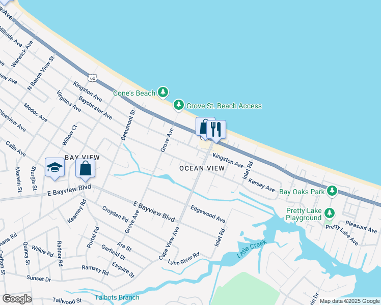 map of restaurants, bars, coffee shops, grocery stores, and more near 1855 Kingston Avenue in Norfolk