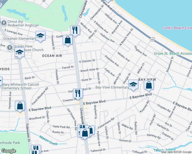 map of restaurants, bars, coffee shops, grocery stores, and more near 1070 Dune Street in Norfolk