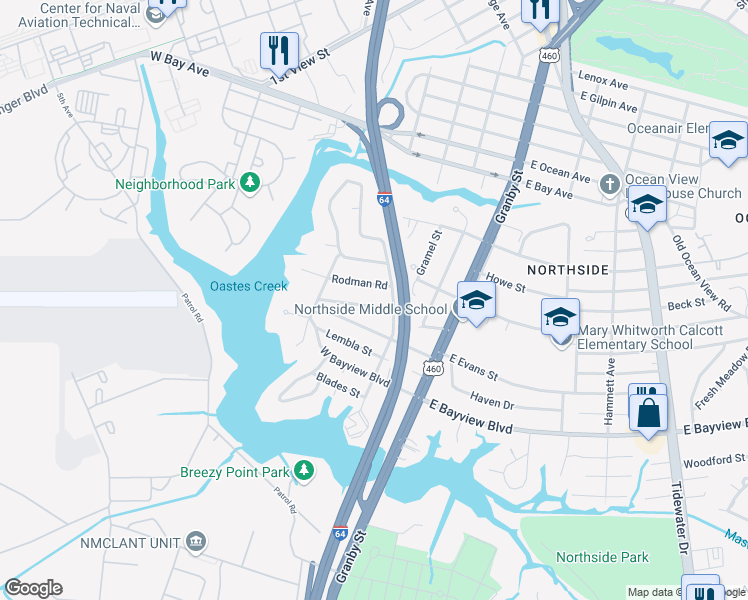 map of restaurants, bars, coffee shops, grocery stores, and more near 154 Swanson Road in Norfolk