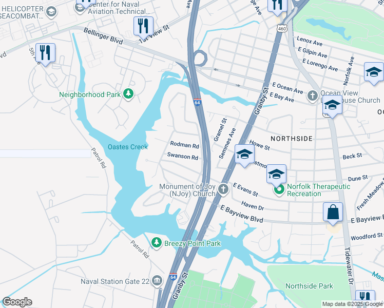 map of restaurants, bars, coffee shops, grocery stores, and more near 154 Swanson Road in Norfolk